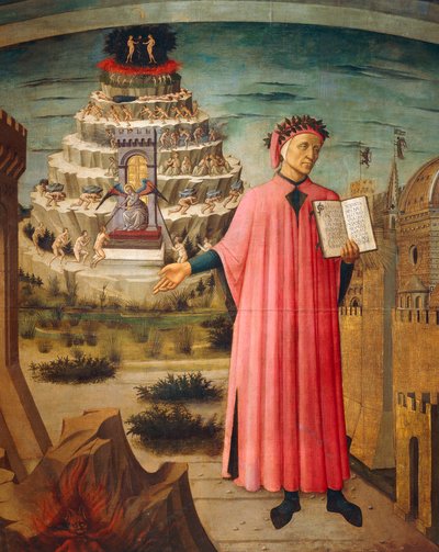 Dante Alighieri com a Divina Comédia na mão e montanhas de purgatório ao fundo, detalhe da Divina Comédia, de Dante Alighieri (1265-1321), de Domenico di Michelino (1417-1491), afresco, Basílica de Santa Maria da Flor, Florença. Itália,1465 de Domenico di Michelino