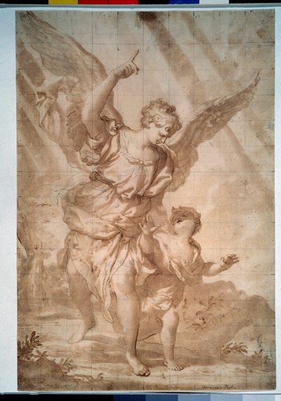 Desenho da caneta "Anjo da Guarda" de Domenico Piola (1627-1703) Museu Pushkin, Moscovo de Domenico the Elder Piola