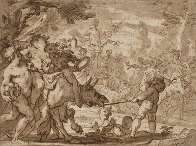 O Triunfo de Baco, c.1642-1703 (caneta e tinta marrom e lavar sobre o giz vermelho sobre papel) de Domenico the Elder Piola