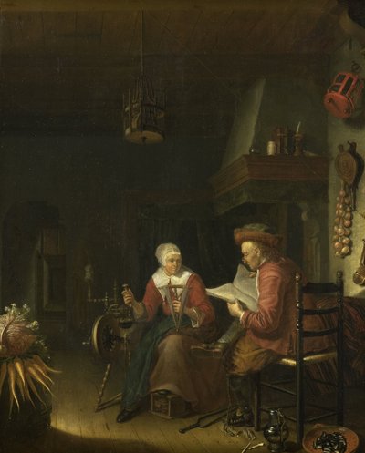 Interior com um homem a ler e uma mulher a fiar fios de Domenicus van Tol
