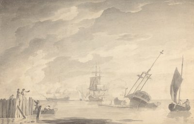 Cena de Batalha, Três Navios de Batalha, Um Afundamento; Números à Esquerda em Rowboat e Cais de Pé de Dominic Serres