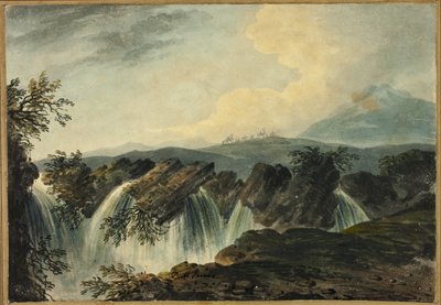 Caravana de camelos a atravessar um avião por cima de uma cascata de Dominic Serres