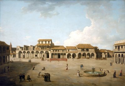 Praça de Havana (Cuba), agosto e setembro de 1762, sob ocupação britânica com uma tropa de soldados de uniforme vermelho, descrição dos edifícios e alguns marinheiros ingleses junto à fonte de Dominic Serres