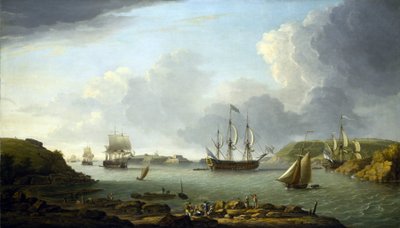 Regresso de uma frota a Plymouth (Inglaterra), descrição da cidade e da baía, incluindo a ilha Drake e a montanha Edgcumbe. Óleo sobre tela de Dominic Serres