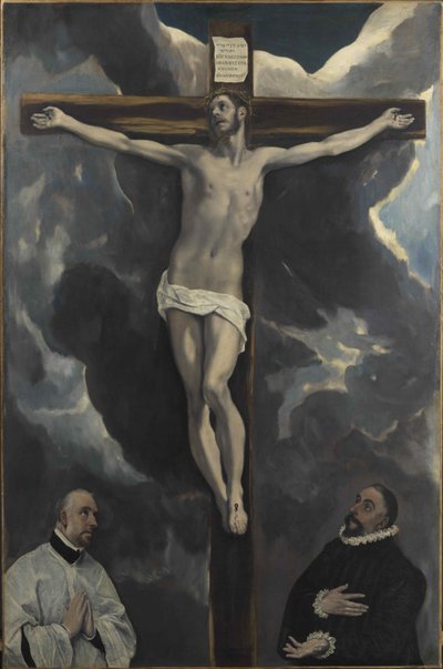 Cristo na Cruz adorado por dois Doadores, final do século XVI.. de Dominico El Greco