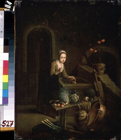 Na cozinha. Pintura de Domenicus van Tol (1635-1676). Óleo sobre tela de Dominicus van Tol