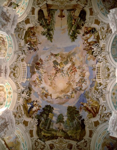 Fresco decorando a cúpula do mosteiro Schussenried pelo arquiteto Domenikus Zimmermann (1685-1766) 1730-1731 Schussenried, Alemanha de Dominikus Zimmermann