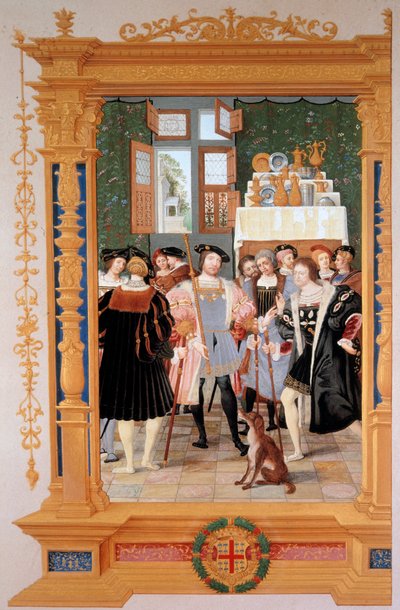 Etienne Leblanc (1490-1565) apresenta a Anne de Montmorency (1493-1567) a sua tradução do discurso de Ciceron (1531) - Cópia do frontispício conservado em São Petersburgo (Rússia), gouache de Dominique Henri Guifard (1838-1913), final do século XIX - C de Dominique Henri Guifard