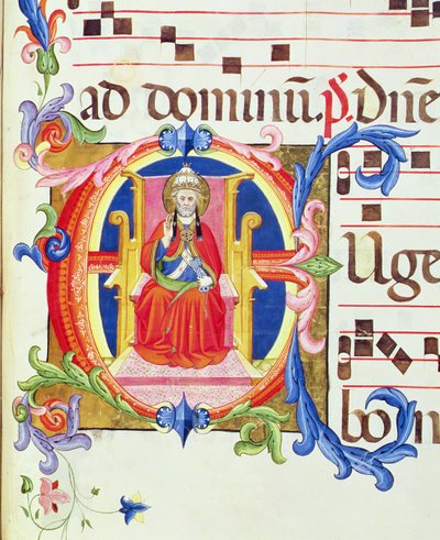 Ms 572 f.125r Historiated inicial &39;E&39; representando São Pedro como o primeiro bispo de Roma a partir de uma antífona de Santa Maria del Carmine de Don Simone Camaldolese