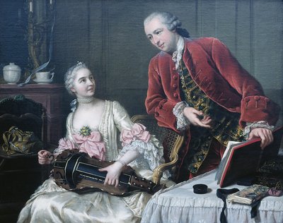 Retrato de Monsieur e Madame de Corcelles tocando música em um interior de Donat Nonotte