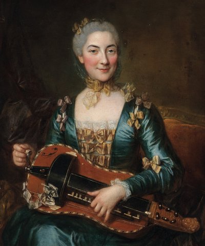 Retrato de uma senhora tocando um hurdy-gurdy de Donat Nonotte