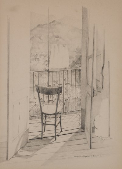 A varanda, c.1975 (desenho sobre papel) de Donatella Merlo