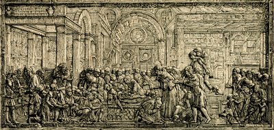 Milagre do coração do homem avarento, altar de Santo António, relevo em bronze de Donatello, basílica de Santo António de Pádua, Pádua, Veneto, Itália, xilogravura de Le cento citta d
