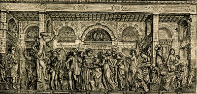 Milagre do recém-nascido que fala, altar de Santo António, relevo em bronze de Donatello, basílica de Santo António de Pádua, Pádua, Veneto, Itália, xilogravura de Le cento citta d