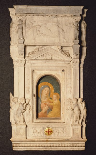 Tabernáculo do Sacramento da Eucaristia, ou Ciborium, de Donatello (1386-1466), com fragmento de fresco do século XIV representando Madonna da febre, Museu do Tesouro da Basílica de São Pedro, Roma, Cidade do Vaticano. de Donatello