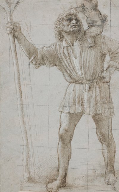 São Cristóvão com o Menino Jesus, c. 1490 (Silverpoint, realçado com branco, em papel preparado cinza claro) de Donato Bramante