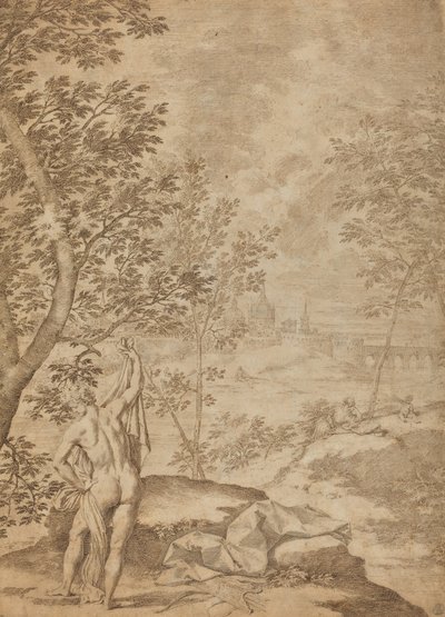 Apollo de pé em uma paisagem fluvial de Donato Creti