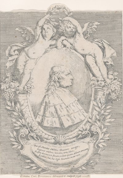 Retrato de Giovanni Girolamo Sbaraglia, dentro de um oval ladeado por dois putti em cornucópia..., 1716. de Donato Creti