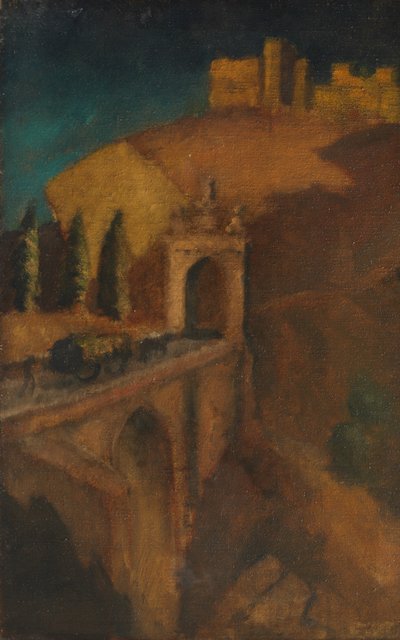 Paisagem montanhosa com ponte (verso), c.1910 (óleo sobre tela) de Dora (attr. to) Carrington