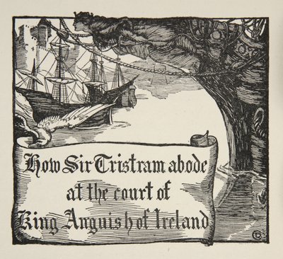 Como Tristram permaneceu na corte do rei Angústia da Irlanda, ilustração de "Histórias do Rei Arthur e da Mesa Redonda", de Beatrice Clay, 1a Edição, 1905 de Dora Curtis