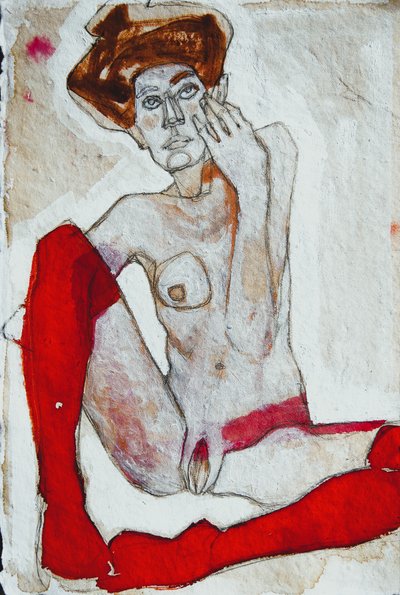 Nu sentado com meias vermelhas de Doris Schmitz