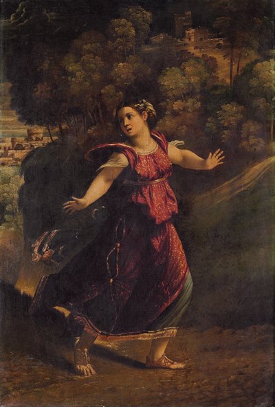 Uma mulher que foge em um caminho arborizado, c.1520s de Dosso Dossi