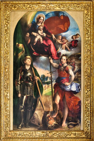 Madonna com Menino Jesus e São Jorge e São Miguel Arcanjo, c.1518 (óleo no painel) de Dosso Dossi