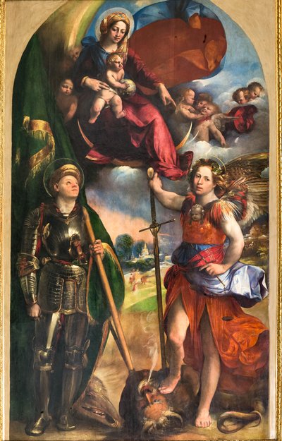 Madonna com Menino Jesus e São Jorge e São Miguel Arcanjo, c.1518 (óleo sobre painel) de Dosso Dossi