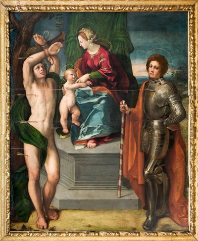Madonna com o Menino Jesus e São Sebastião e São Jorge, detalhe de Dosso Dossi