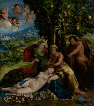 Cena mitológica, c.1524 (óleo sobre tela) de Dosso Dossi