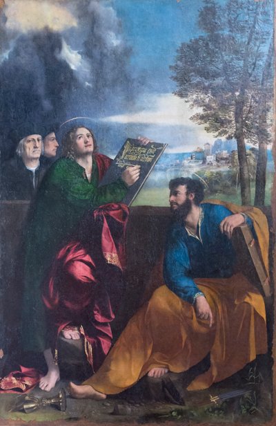 São João Evangelista e São Bartolomeu com Pontichino della Sale e um membro da sua família de Dosso Dossi