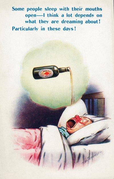Alcoolismo: homem a dormir com a boca aberta e a sonhar com cerveja (litografia a cores) de Douglas Tempest