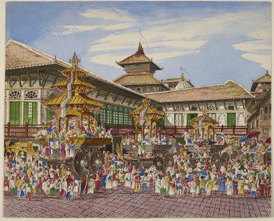 O Kumari Jatra. Três Carros do Templo fora do Hanuman Dhoka, Kathmandu (cor litho) de Dr. Henry Ambrose Oldfield