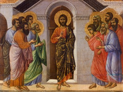 Cristo aparece aos apóstolos atrás das portas fechadas, detalhe de Episódios da Paixão e Ressurreição de Cristo, parte de Maesta