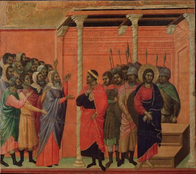 Jesus acusado pelos fariseus. retábulo da Maesta (tempera e ouro sobre madeira de Duccio di Buoninsegna