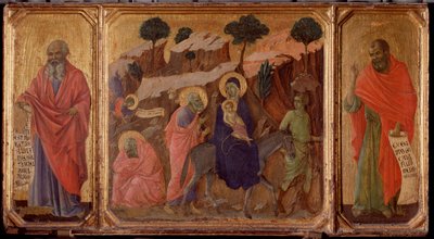Vida do Cristo: Voo para o Egipto com os Profetas Jeremias e Oséias. Predella da Maesta (tempera sobre madeira de Duccio di Buoninsegna