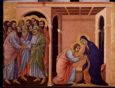 Maria despede-se de João, no exterior, os apóstolos Pedro e Paulo apertam as mãos. Detalhe da Maesta (tempera e ouro sobre madeira de Duccio di Buoninsegna