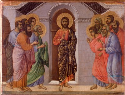 Jesus ressuscitado aparece aos apóstolos. O retábulo da Maesta (tempera e ouro sobre madeira de Duccio di Buoninsegna