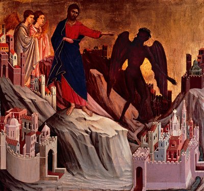 Tentação no Monte, detalhe de Episódios da Paixão e Ressurreição de Cristo, superfície invertida da "Maesta" de Duccio Altarpiece na Catedral de Siena, de Duccio di Buoninsegna (ca 1255 - pré-1319), tempera na madeira de Duccio di Buoninsegna