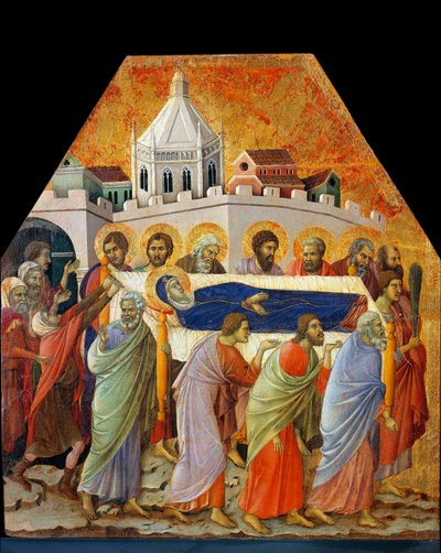 O funeral da Virgem, São João com a palma da mão abre o caminho (tempera na madeira de Duccio di Buoninsegna