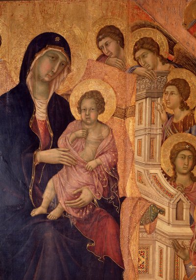 Virgem e criança no trono (retábulo de La Maesta) (tempera e ouro sobre madeira) de Duccio di Buoninsegna