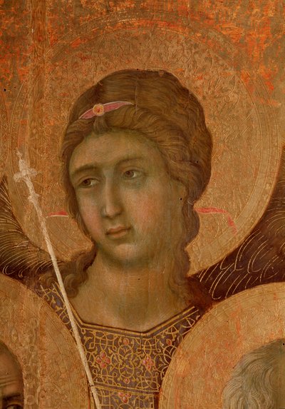Virgem e criança no trono. Detalhe de La Maesta (tempera e ouro sobre madeira de Duccio di Buoninsegna
