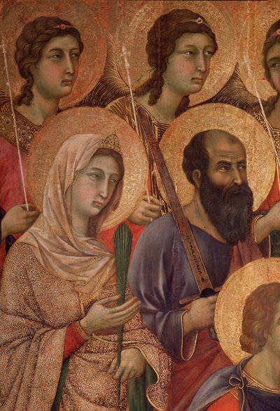 Virgem e criança no trono, detalhe com santa Catarina de Alexandria e santa Paulo. (La Maesta) (tempera e ouro sobre madeira de Duccio di Buoninsegna