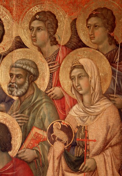 Virgem e criança no trono, detalhe com São Pedro e Santa Agnes (La Maesta) (tempera e ouro na madeira de Duccio di Buoninsegna