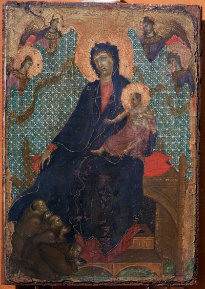 Virgem e criança com três monges franciscanos (Pintura de Duccio di Buoninsegna