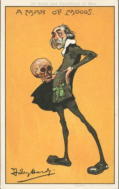 Um homem de humor: O personagem de Shakespeare, Hamlet, com o crânio de Yorick (cor litho) de Dudley Hardy
