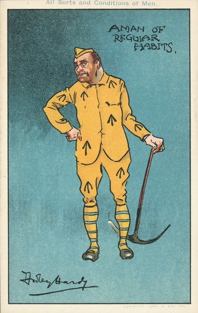 Um homem de hábitos regulares: prisioneiro segurando uma picareta (cor litho) de Dudley Hardy