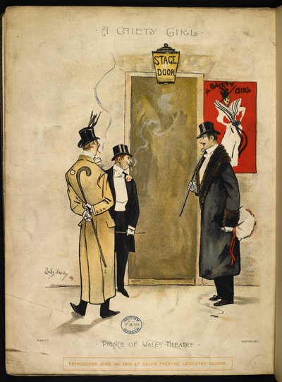 Três cavalheiros à espera do lado de fora da porta do palco, para as Gaiety girls emergirem. de Dudley Hardy