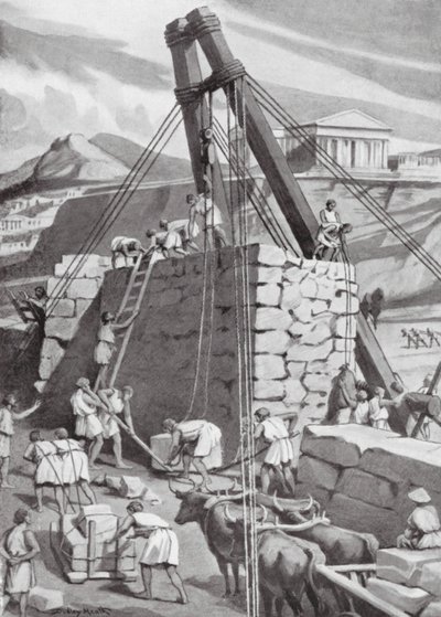Reconstrução das muralhas de Atenas, 393 a.C. (litografia) de Dudley Heath