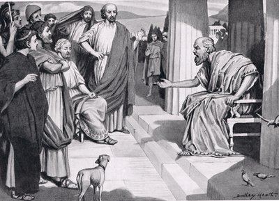 Sócrates, abordando os atenienses, ilustração de Hutchinsons História das Nações, 1915 de Dudley Heath
